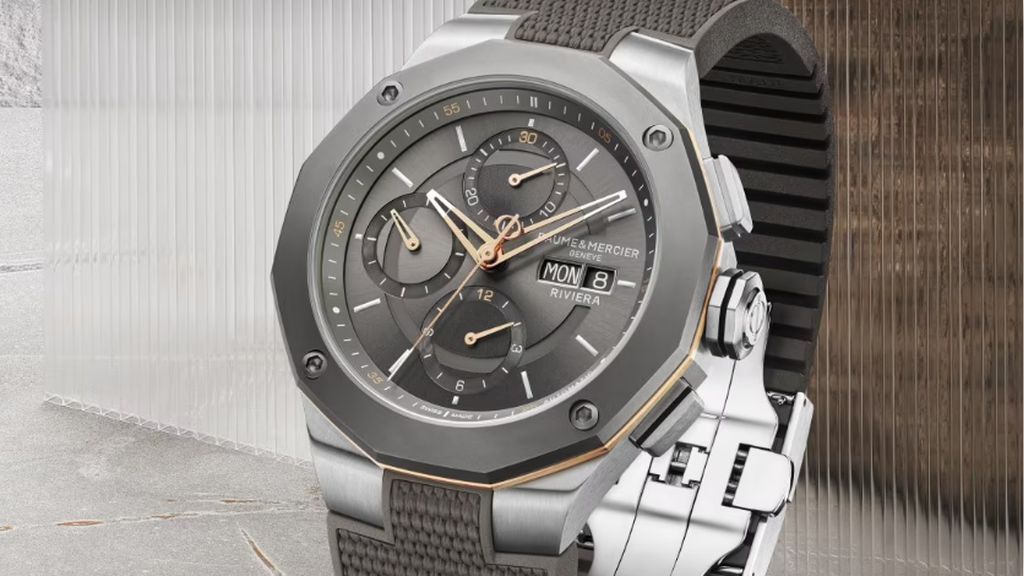 Stalen Baume & Marcier horloge met grijze wijzerplaat en grijze lunette en stalen schakelband met grijze details.