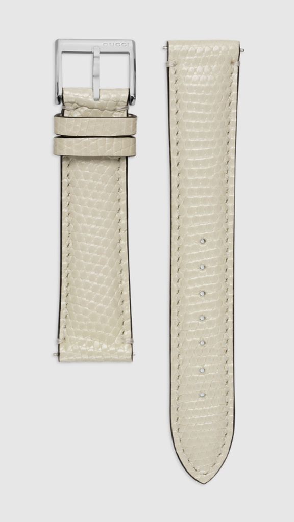 Beige Gucci horlogeband, gemaakt van hagedis met stalen sluiting.
