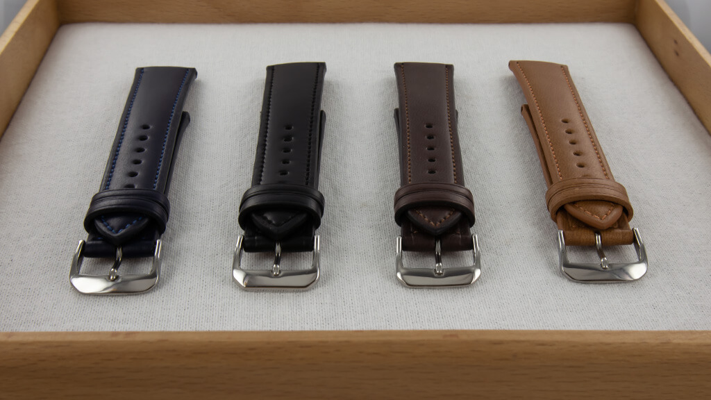 Vegan horlogebanden in 4 kleuren, van zwart naar cognac en 2 kleuren ertussen, geschikt als horlogebanden voor een Christian Dior horloge.