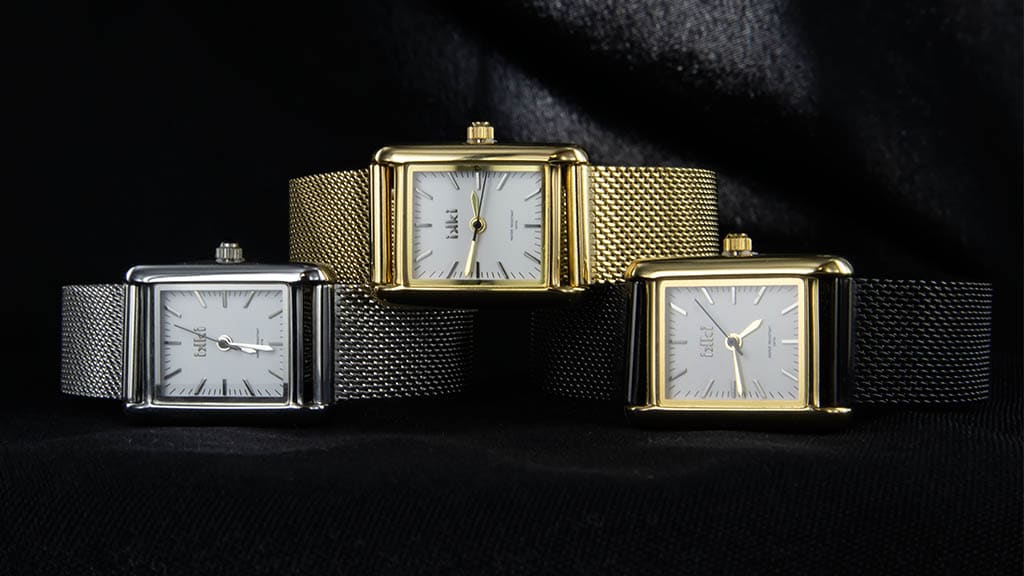 3 horloges met Milanese band in zilverkleur, goudkleur en zwart